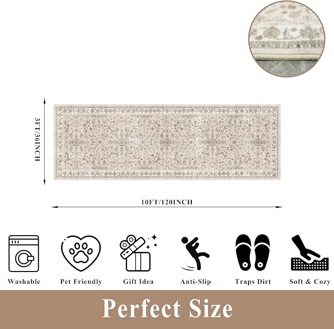3x10ft Hallway Runner Rug Non-Slip Washable – Soft Long Carpet Runner for Kitchen Indoor Entryway,Boho Floral Low Pile Thin Wide Rug Runner with Rubber Backing (Beige,3x10)