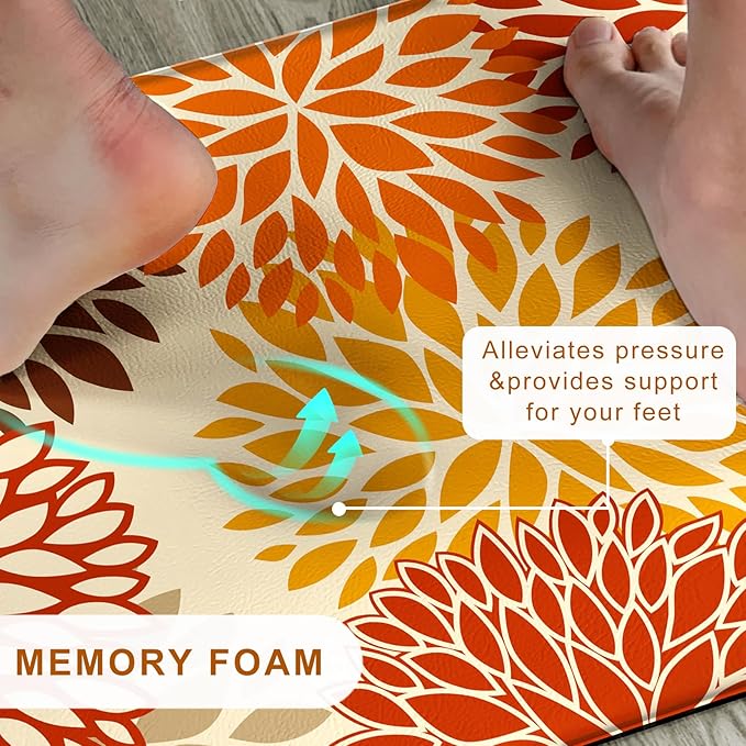 Orange Fall Kitchen Mats for Floor, Cushioned Anti Fatigue Memory Foam Kitchen Rugs Set of 2, Non Slip Waterproof Kitchen Runner Floor Mat, Comfort Standing Mat for Sink, Laundry, Autumn Home Decor