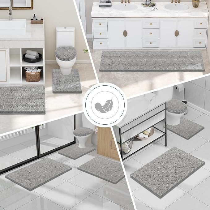 Smiry Luxury Chenille Toilet Rugs U-Shaped 20x20, Soft Absorbent Non-Slip Contour Bathroom Rugs for Toilet, Machine Washable Contoured Bath Mats, Light Grey