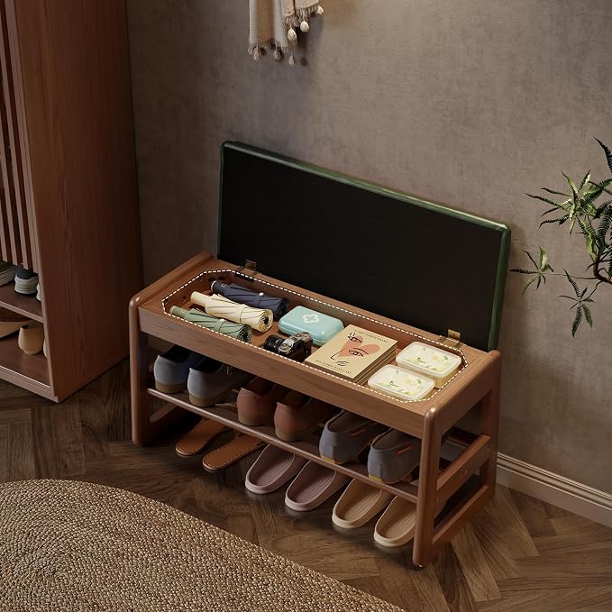 AQIMUELE Shoe Rack Bench,2 Tiers Shoe Bench with Storage with Flip-Top,Wood Shoe Rack for Entryway,Hallway（Green Upholstered Seat,11.8" D x 31.5" W x 15.7" H）