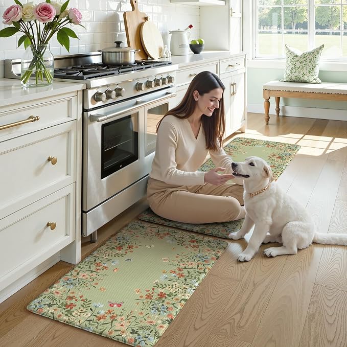 KIMODE Kitchen Mats for Floor Anti Fatigue, 20"x47"+20"x32" Farmhouse Kitchen Rugs Sets of 2, Padded Kitchen Floor Mats, Comfort Standing Mats for Sink Laundry Office Desk Sage Green