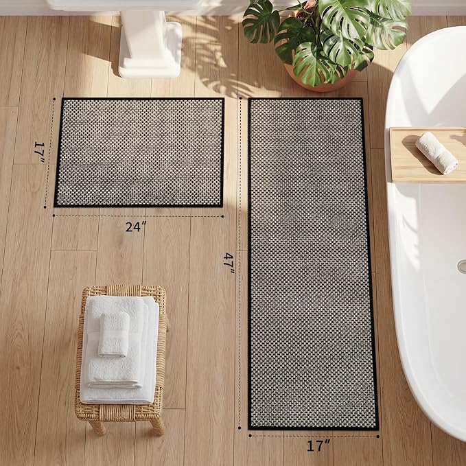 YIHOUSE Thin Bath Mat Black Bathroom Rugs Sets 2 Pieces, Non Slip Absorbent Mats Quick Dry, Woven Rugs Washable, Tapetes para Baño for Bathroom Toliet,Bathtub(17"x24"+17"x47")