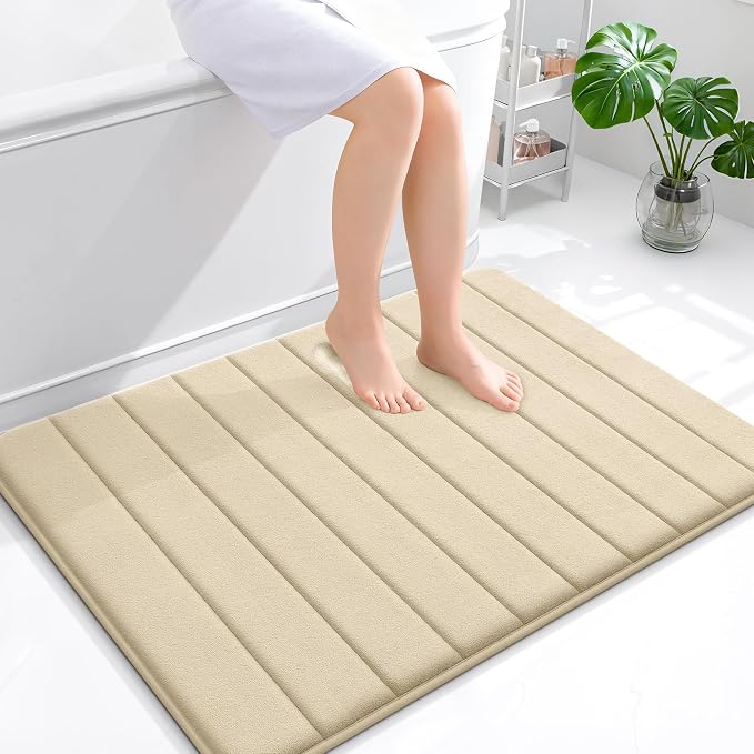 OLANLY Memory Foam Bath Mat 40x32, Super Soft Absorbent Bathroom Rugs, Quick Dry, Machine Washable Shower Floor Rugs, Bathmat Carpet, Bathroom Home Decor Accessories, Beige