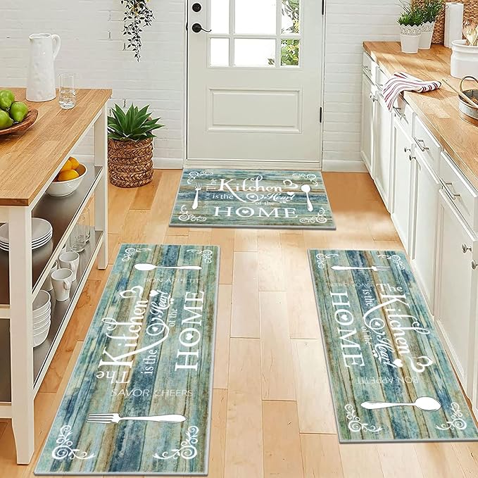 Vaukki Boho Kitchen Rug Sets 3 Pieces, Washable Kitchen Mats for Floor, Non Slip Soft Kitchen Area Rug Floor Mat for Kitchen, Laundry Room and Hallway (Teal and Brown, 20''x32''+20''x47''+20''x59'')