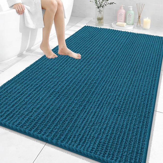 OLANLY Bathroom Rug Mat 59x35, Thick Soft and Absorbent Chenille Bath Mat, Non-Slip Rubber Backing, Machine Washable Quick Dry Bath Rugs for Tub Shower Floor, Home Decor Accessories, Peacock Blue