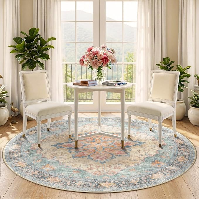 RELEANY Area Rugs Round 5ft Washable Non-Slip, Floral Vintage Distress Medallion Carpet for Living Room Bedroom Dining Room, Blue Orange Red
