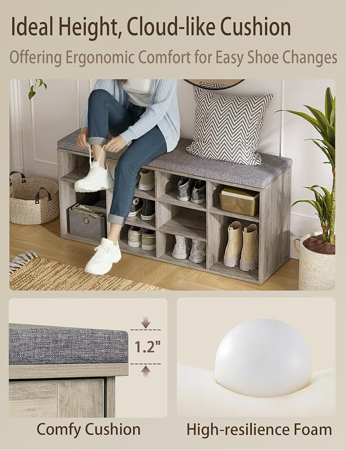 DINZI LVJ Shoe Bench, 12 Cubbies Shoe Organizer for Entryway, Storage Bench with Cushion, Cubby Shoe Rack with Adjustable Shelves for Living Room, Bedroom, Mudroom, Hallway, Gray Wash