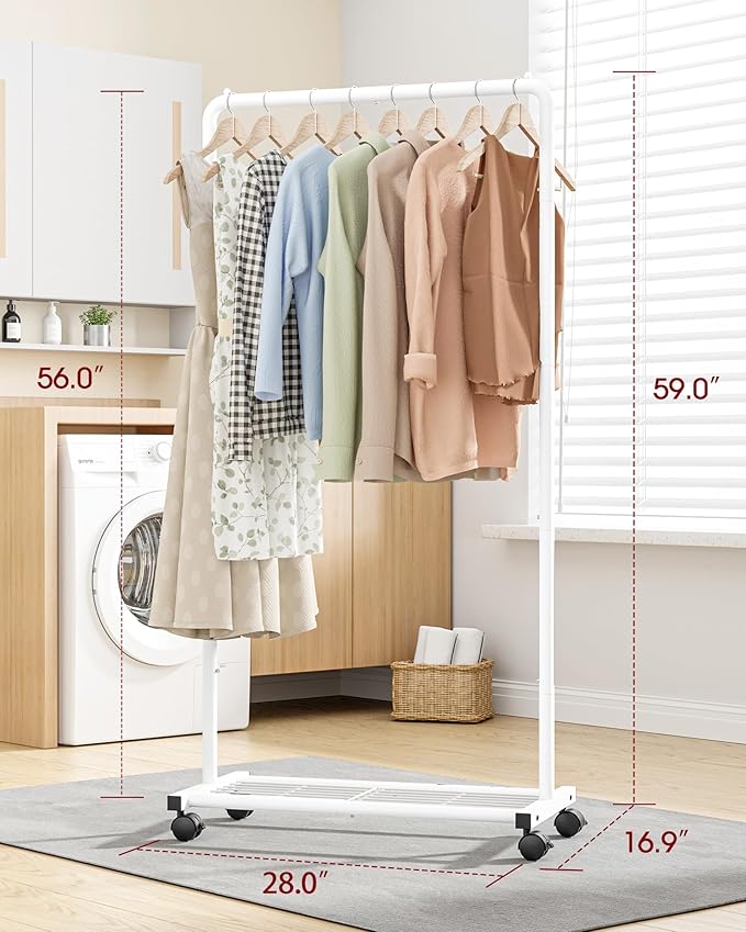 Sakugi Clothes Rack - Clothing Rack with Storage Mesh Shelf & Casters, Heavy-Duty Metal Clothing Rack for Hanging Clothes, Dresses, Coats, Large Load Capacity, Easy Assembly, White, 28.0"x16.9"x59.0"