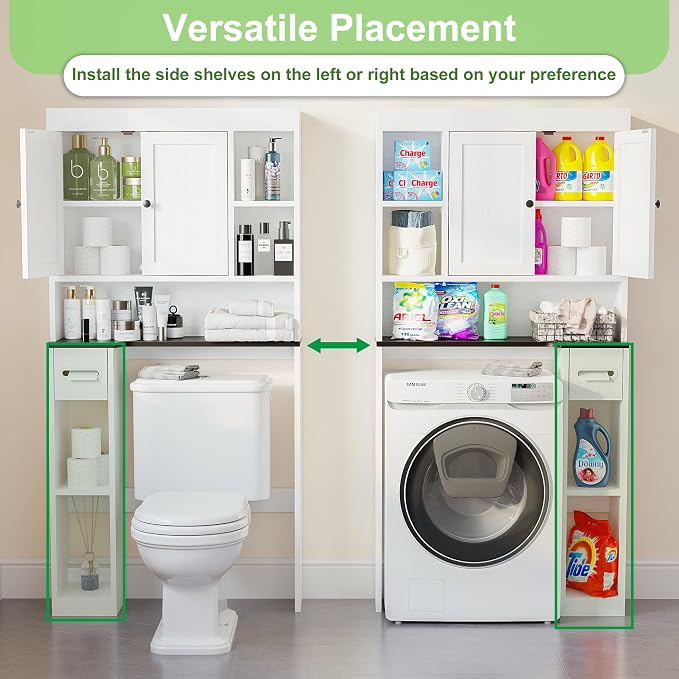 Over The Toilet Storage Cabinet with 7 Shelves, Imitation Walnut Grain Above Toilet Bathroom Organizer with Toilet Paper Holder Stand, Space Saver for Restroom, Laundry, Bathroom (White)