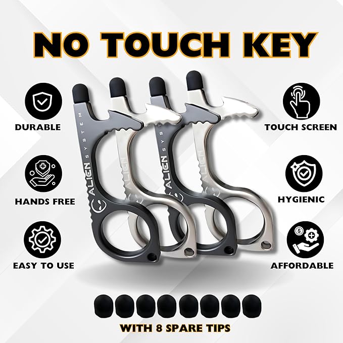 No Touch Door Opener tool 4 Pack - Premium keychain multitool - Hygienic Touch free Keychain tool - Touchscreen stylus, Button pusher and Bottle opener