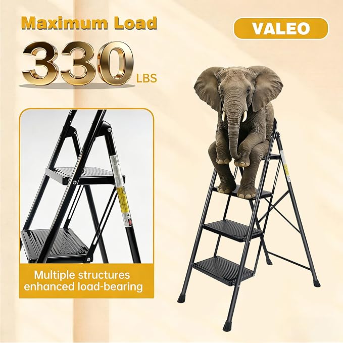 Valeo 4 Step Ladder, Step Stool with Wide Anti-Slip Pedal, 330 lbs Capacity,Step Ladder Folding Step Stool for Adults, Lightweight Steel Portable ladders for Home Kitchen & Office,Black