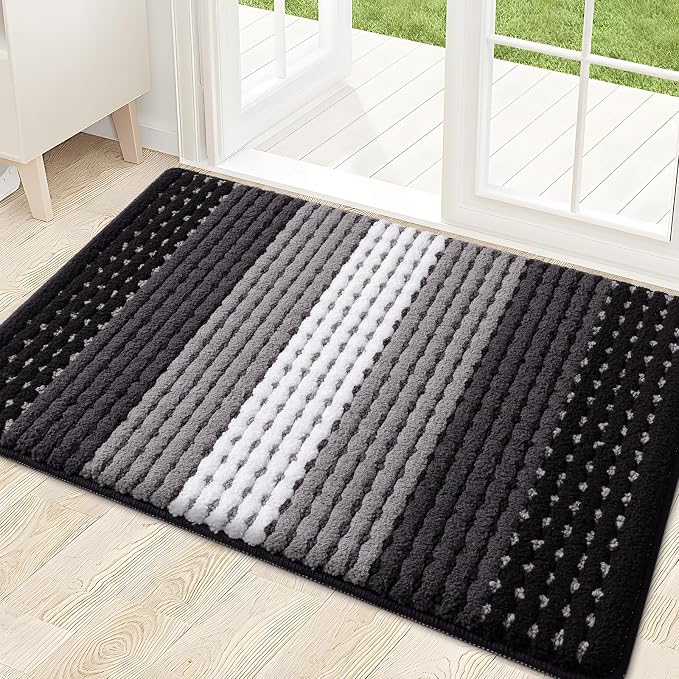 Kitinjoy Indoor Outdoor Door Mat, 32x20 Non-Slip Absorbent Dirt Trapper, Low-Profile Washable Inside Entrance Front Floor Mat, Sturdy Soft Entry Dotted Ombre Doormats for Entryway, Black