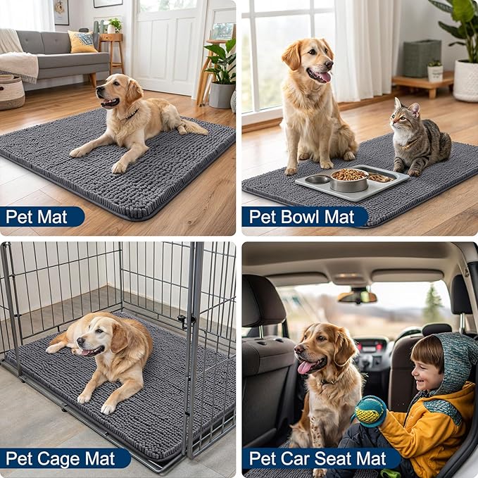 Smiry Dog Door Mat for Muddy Paws 30x20, Absorbent Dirt Trapper, Non-Slip Washable Chenille Entryway Rug for Inside Floor, Dark Grey, Classic Solid