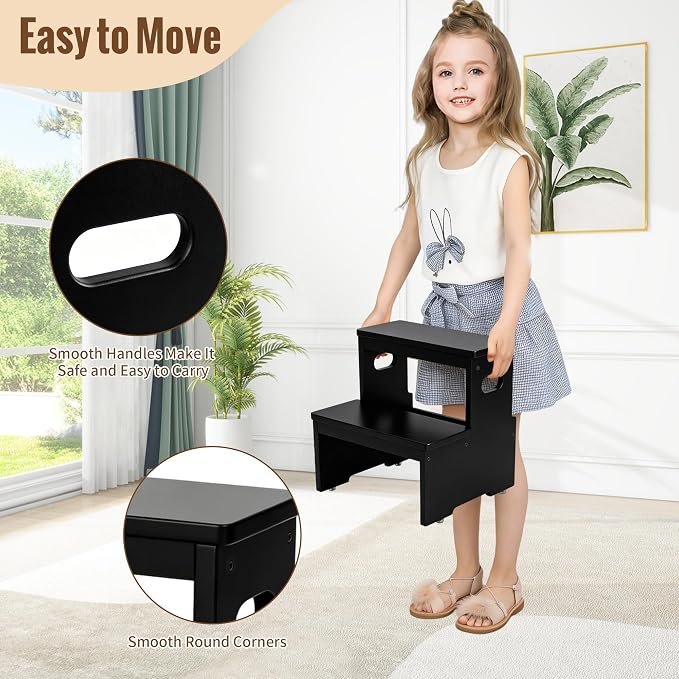Two Step Stool for Adults and Kids, 450lbs Heavy Duty Step Stool, Bamboo Step Stool for High Beds, Portable Helper Step Stairs for Kids, for Kitchen, Bathroom, RV, Bedside Step Stool, Black