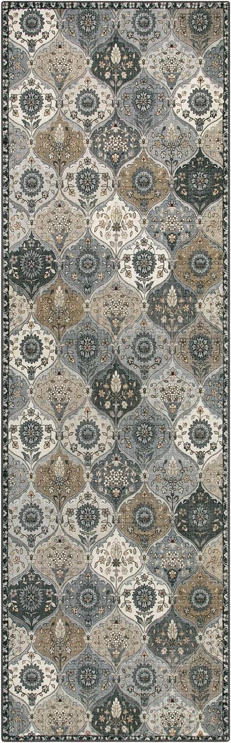 Lahome Moroccan Trellis Washable Runner Rug, 2x6 Runners for Hallways 6 Feet Non Slip Vintage Laundry Room Rug Vintage Ultra-Thin Long Carpet for Kitchen Bedroom Elise, Grey