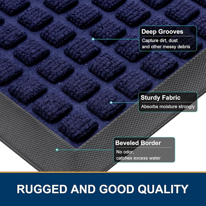 Smiry Front Door Mat Outside Entrance, Heavy Duty Natural Rubber Doormat, Non Slip, Trap Dirt and Moisture, Easy Clean, Low Profile Welcome Floor Mats for Indoor Outdoor Entry, 70x46.5 Inch, Navy Blue