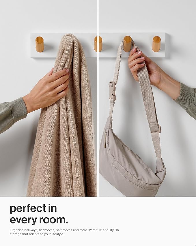LARHN Wall Mounted Coat Rack, White with 5 Heavy-Duty 1" Diameter Hooks (2-Pack), 16.5" - Wall Hook Rack - Modern Scandinavian Home Decor