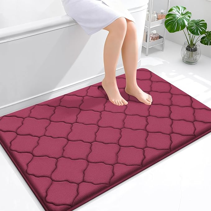 OLANLY Memory Foam Bath Mat Rug 47x32, Ultra Soft and Absorbent Bathroom Rugs, Non-Slip, Comfortable, Machine Washable Bath Carpet for Bathroom Floor, Tub, Shower and Home Decor Accessories, Burgundy