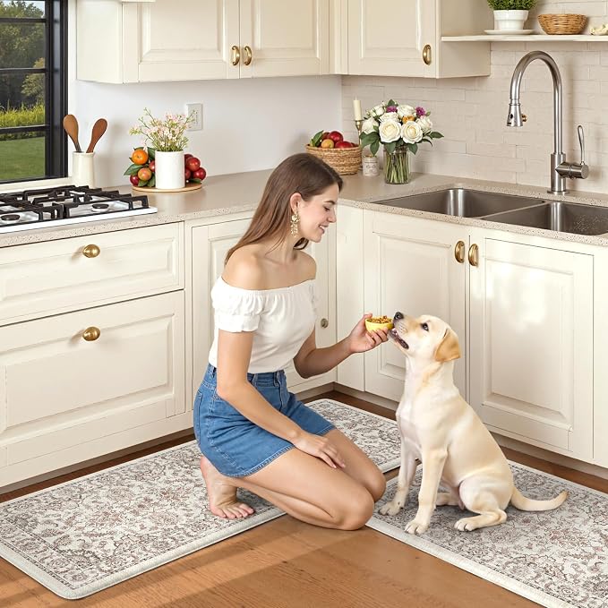 KIMODE Kitchen Mats for Floor Cushioned Anti Fatigue 2 Piece,Boho Farmhouse Kitchen Rugs Non Slip 20" x 47"+20" x 32",Wide Memory Foam Kitchen Mat Carpet for Laundry Office Home,Khaki
