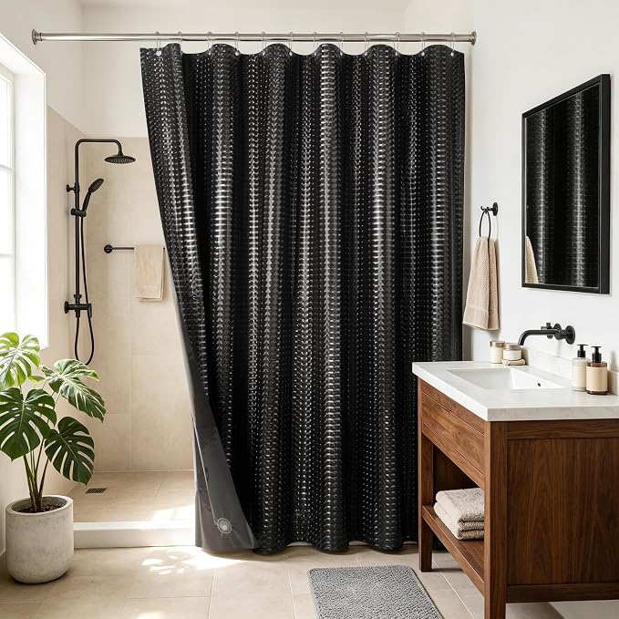 Barossa Design Black Shower Curtain Liner 72" x 72" for Bathroom - Waterproof Standard Size PEVA Shower Liner with 3 Magnets, Lightweight, Metal Grommets - Dimensional Black, 72x72