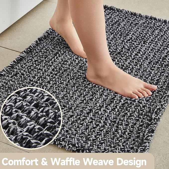 TYUU Black and White Bathroom Rugs, Waffle Bath Mat Non Slip Washable Super Absorbent Quick Dry Boho Farmhouse Bathroom Decor, 36"x24" Black and White