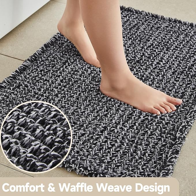 TYUU Black and White Bathroom Rugs, Waffle Bath Mat Non Slip Washable Super Absorbent Quick Dry Boho Farmhouse Bathroom Decor, 48"x24" Black and White
