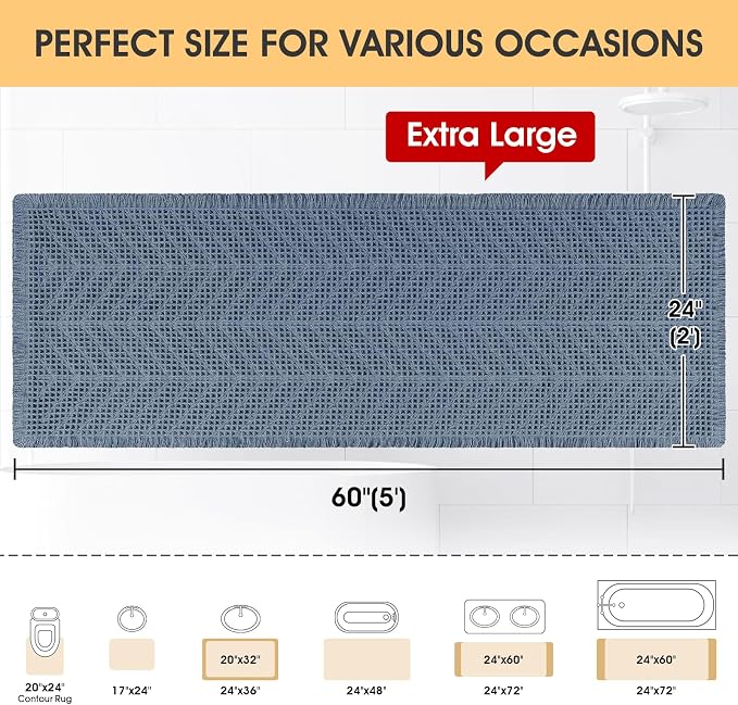 IM HOME Extra Large Waffle Bath Mat, Boho Bathroom Rugs Absorbent Non Slip, Ultra Soft Bathroom Mat, Machine Washable Knit Bath Rugs with Herringbones for Bathroom,Bedroom, Kitchen, Tub, 5'x2', Blue