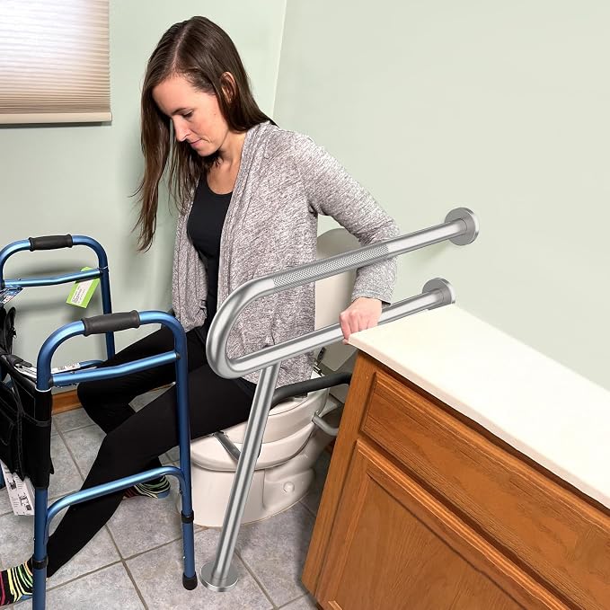Toilet Support Rail 32 Inch, Munzong Anti-Slip Satin Brushed Nickel Handicap Grab Bar for Bathroom, Stainless Steel Knurled Safety handrails with Leg for Elderly Disabled Pregnant-1.25’Tube