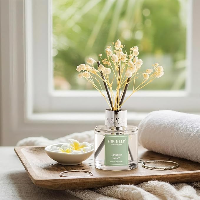 Airkeep Reed Diffuser Set,1.69 fl oz (50 ml) - Jasmine Mint Oil Diffusers with 8 Reed Sticks,Home Fragrance Reed Diffuser for Bathroom Shelf Decor