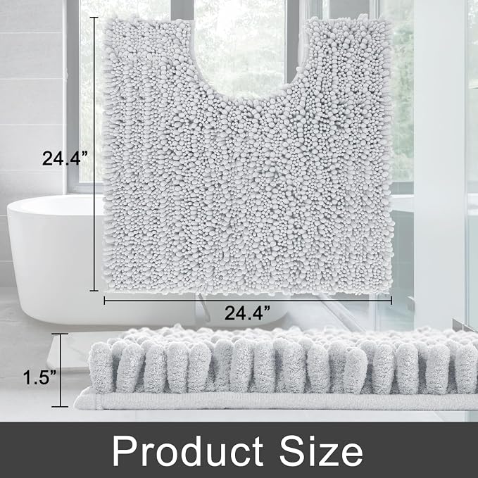 Yimobra Toilet Rug U Shaped Washable 24x24 Inch - Ultra Soft Absorbent Chenille Bath Rugs for Toilet, Quick Dry & Machine Washable, Non Slip Contour Bathroom Mat, Silver