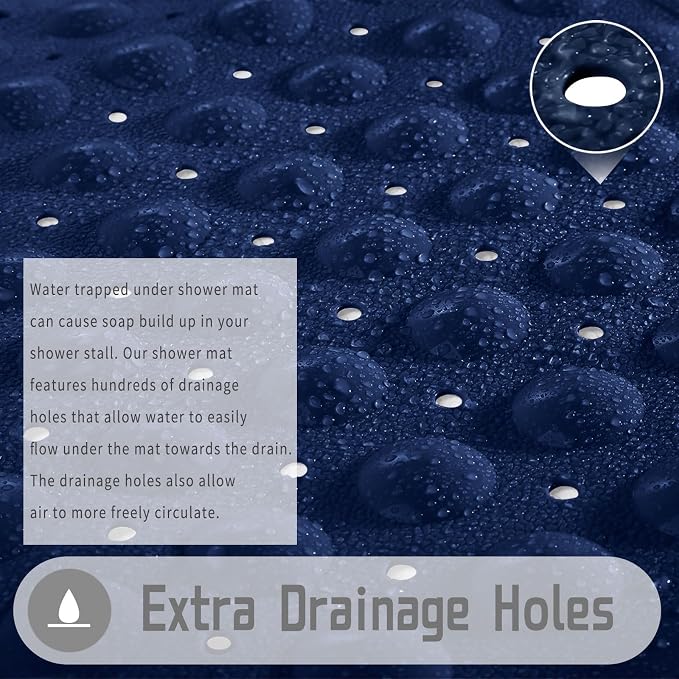 Yimobra Shower Stall Mat Non Slip, 21x21 Inch, Soft Square Bath Mat for Shower with Suction Cups and Drain Holes, Stall Floor Mats for Bathroom, Machine Washable, Bathroom Accessories,Navy Blue