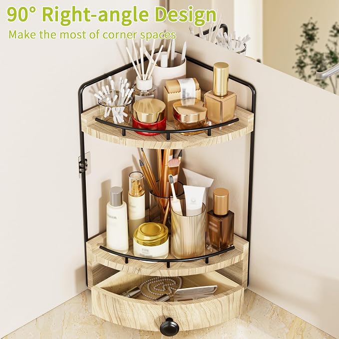 2-Tier Corner Bathroom Counter Organizer with Drawer & Embedded Screw Holes - Wooden Countertop Organizers for Skincare, Makeup Storage, Bathroom Sink Counter Shelf for Vanity, Kitchen, Wood color