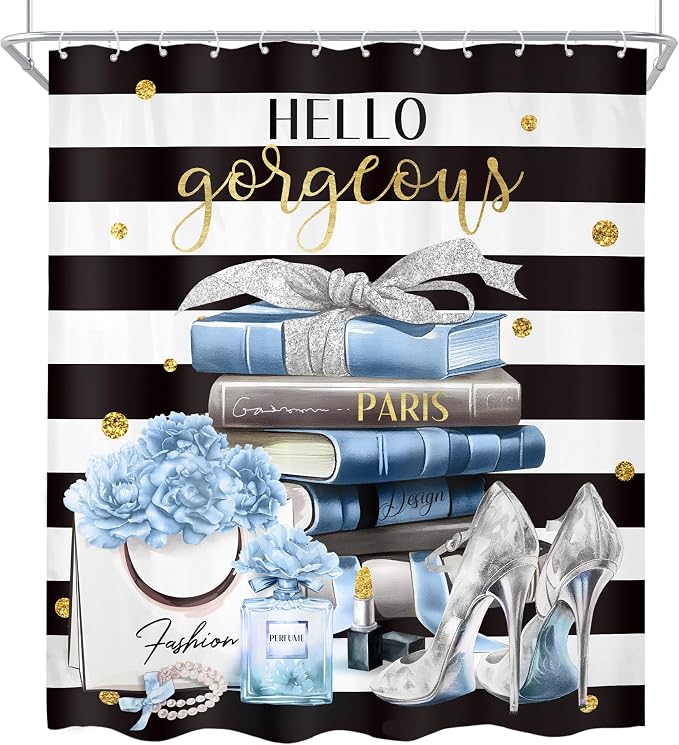 4Pcs Black and Blue Shower Curtain Set,High Heels Striped Perfume Bathroom Curtain with Rug, Toilet Lid Cover, Bath Mat, Fashion Floral Flower Magazine Books Shower Curtain with 12 Hooks