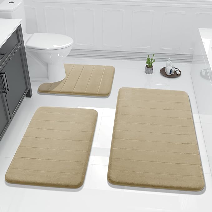 Yimobra 3 Pieces Memory Foam Bath Mat Set with U-Shaped Toilet Rug - Non Slip Super Soft Absorbent Quick Dry Bathroom Rugs for Bathtub, Vanity & Toilet Base, Pale Khaki