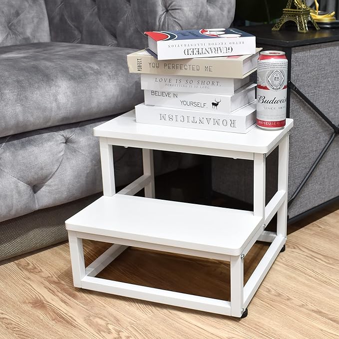 SZLHANJZ Nursery Step Stool, Wooden and Metal Foot Stool for Adult Kid, Steps for High Beds with Round Corners, Small Stepping Stool for Bedroom Kitchen, Load 500 LB, White