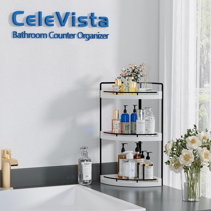 Corner Bathroom Counter Organizer, 3 Tier Bathroom Sink Shelf Countertop, Wood Vanity Skincare Storage for Toiletries Decor, Makeup, Dresser (White)
