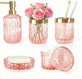 LaMarriti 5pcs Pink Bathroom Accessory Set, Clear Glass Bathroom Set, Soap Dispenser and Toothbrush Holder Set, Soap Dish, Tumbler, Qtips Holder for Crystal Modern Bathroom Decor, Set