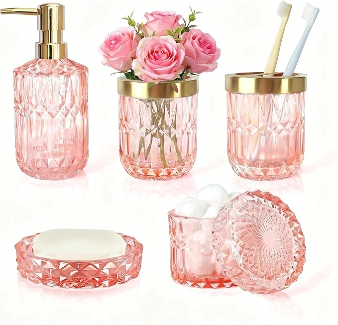 LaMarriti 5pcs Pink Bathroom Accessory Set, Clear Glass Bathroom Set, Soap Dispenser and Toothbrush Holder Set, Soap Dish, Tumbler, Qtips Holder for Crystal Modern Bathroom Decor, Set