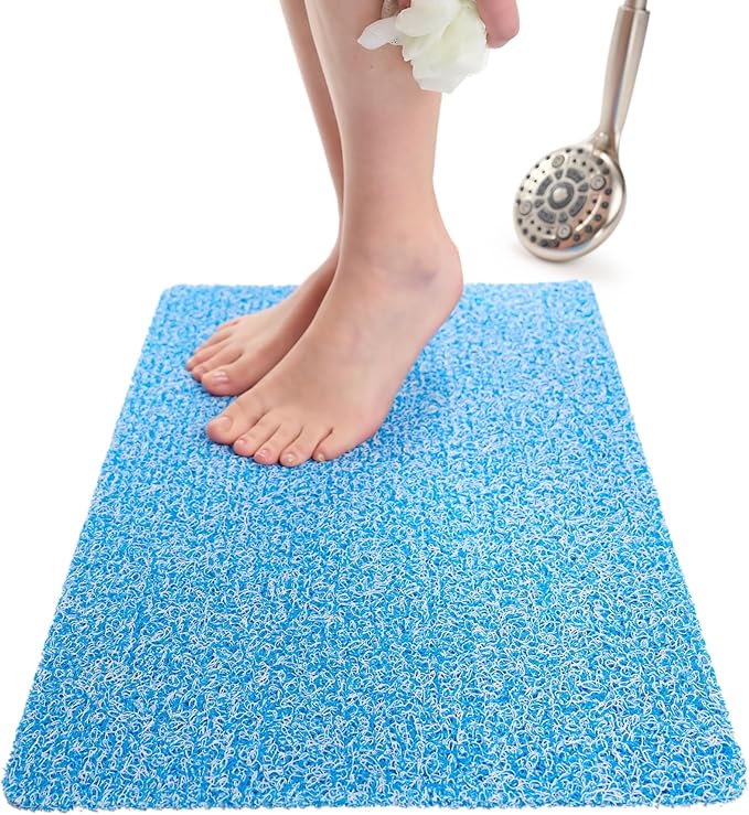 ENKOSI Loofah Non-Slip Shower and Bath Mat - Soft Cushioned Comfort - No Suction Cups for Smooth or Textured Tubs - Fast Draining - Safety for Bathroom, Family, Kids, and Elderly (24x16 Aqua Blue)