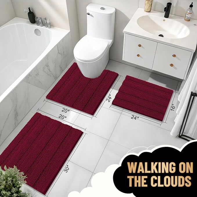 OLANLY Thick Bathroom Runner Rugs 44x24, Extra Absorbent Chenille Striped Bath Rugs, Rubber Backing, Machine Wash Dry, Long Bath Mats for Bathroom, Tub and Shower, Home Decor Accessories, Burgundy