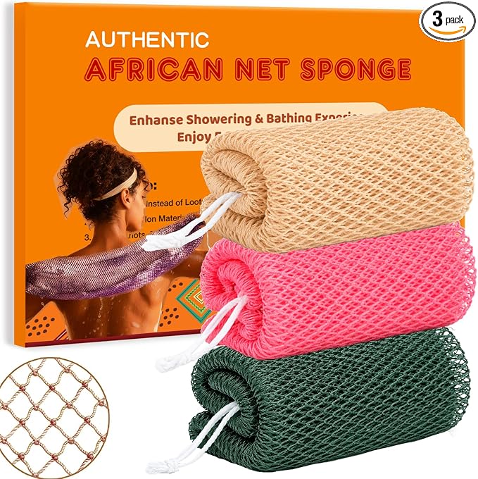 African Net Sponge Authentic, 3 Pieces African Exfoliating Net Sponge Body Back Scrubber Exfoliating Washcloth for Shower Bath for All Types (Olive Green+Champagne Gold+Pink, 3 Pcs)