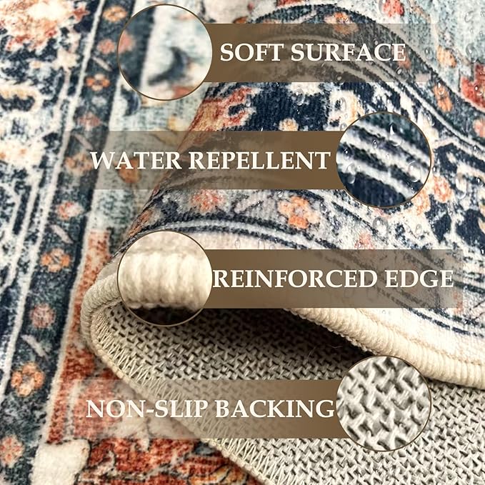 RELEANY Area Rugs Small 2'x3' Washable Non-Slip, Floral Vintage Distress Medallion Carpet for Kitchen Entryway Bathroom, Beige Navy Blue Orange Colorful