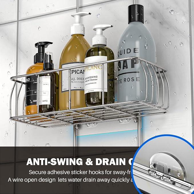 Epicano Shower Caddy Hanging Over Head, Chrome,Stainless Steel | Rustproof,4 Hooks for Towels,Sponge and & Bathroom Accessories,Anti-Swing Suction Cups & Adhesive hooks