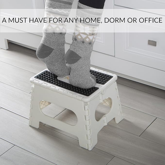 Simplify 9 Inch Ant-Skid Folding Step Stool | Collapsible | 200 Pound Capacity | Durable | Portable | Kitchen | Bathroom | Garage | White