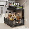 1 Pack 15IN-Depth Under Sink Organizer with Next-Gen Ball-Bearing Slides,2-Tier Precision Mesh Pull Out Cabinet Storage for Bathroom&Kitchen,Height Adjustable Drawers Shelf,Anti-Rust-Black