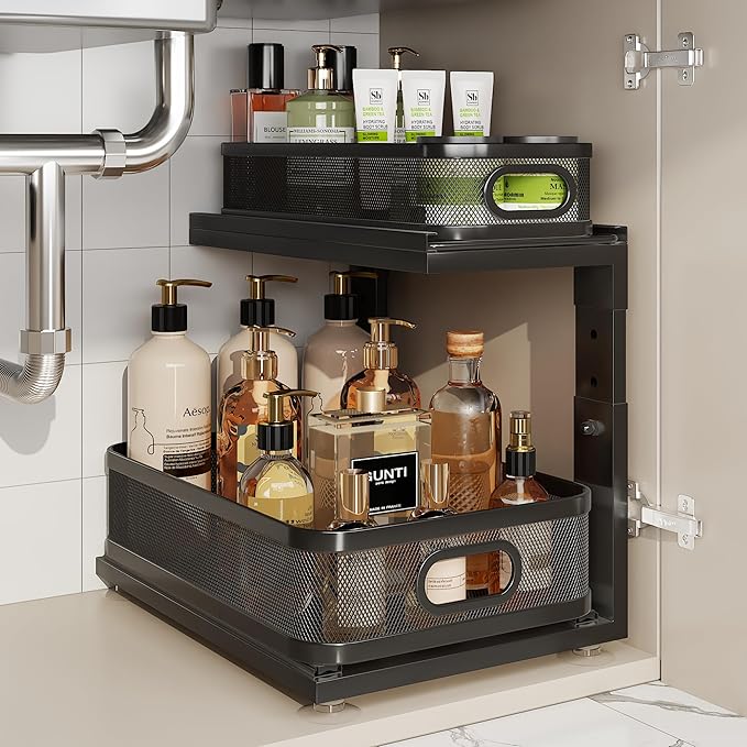 1 Pack 15IN-Depth Under Sink Organizer with Next-Gen Ball-Bearing Slides,2-Tier Precision Mesh Pull Out Cabinet Storage for Bathroom&Kitchen,Height Adjustable Drawers Shelf,Anti-Rust-Black