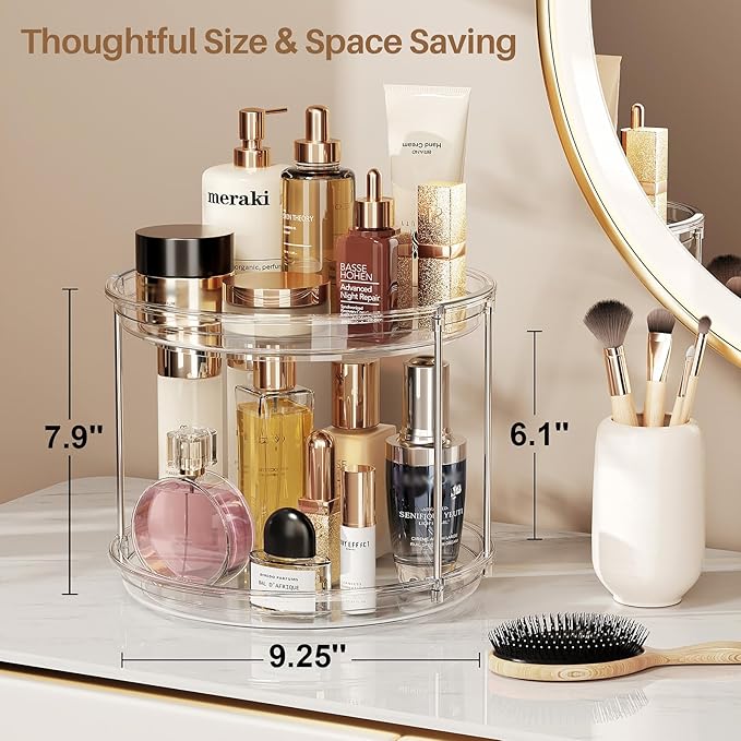 LAMU 4 Pack 2 Tier Lazy Susan Turntable Organizer 9.25'' Rotating Spice Rack Organization for Cabinet, Kitchen, Pantry, Countertop, Bathroom, Vanity, Medicine Cabinet Organizer, Clear