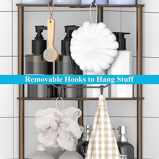 HuggieGems 5 Tier Floor Standing Corner Shower Caddy Organizer Shelf with Hooks, Bathroom Shelves Stand Rack, Bronze