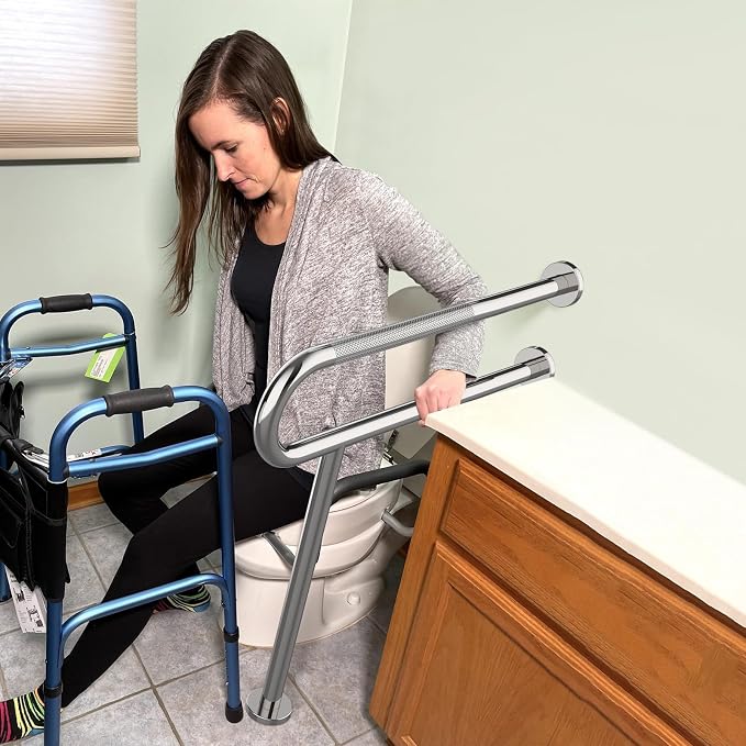 Toilet Support Rail 32 Inch, Munzong Anti-Slip Chrome Handicap Grab Bar for Bathroom, Stainless Steel Knurled Safety handrails with Leg for Elderly Disabled Pregnant-1.25’Tube