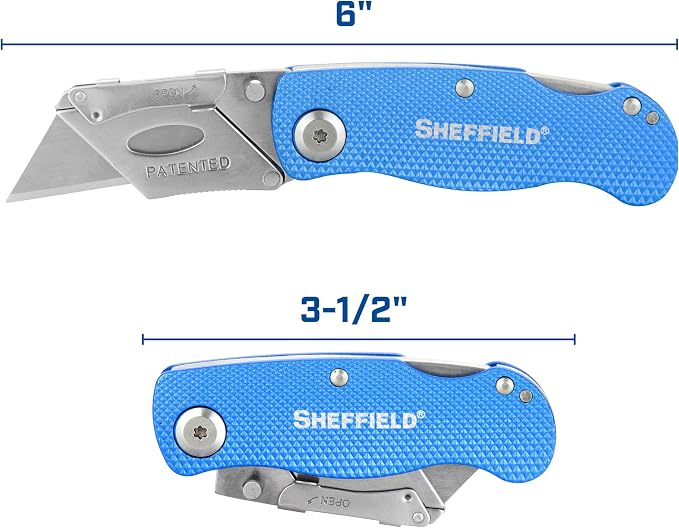 Sheffield Folding Utility Knife, Accepts Standard Utility Knife Blades, Box Cutter Aluminum Handle, Razor Blades Included, For Home, Office, Trades, and Warehouse